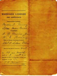 Franklin T. Pomeroy and Sophia Isadora Morris marriage license and certificate