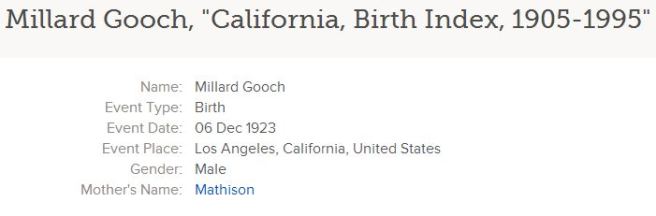 California Birth Index, 1905-1995, on Familysearch.org, Millard Gooch entry