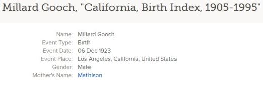 California Birth Index, 1905-1995, on Familysearch.org, Millard Gooch entry