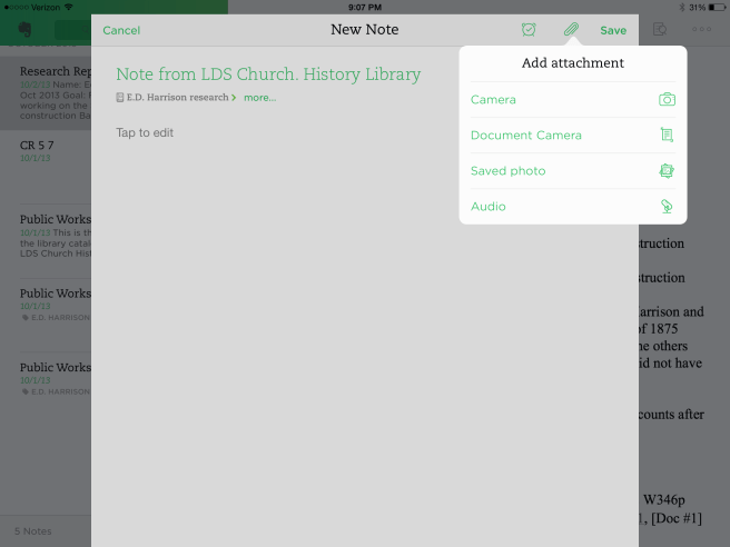 Clicking on the paperclip icon brings up options for adding photos. You can even add audio!
