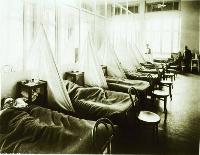 U. S. Army Camp Hospital No. 45, Aix-les-Bains, France. Influenza ward No. 1. Picture courtesy of the History of Medicine (NLM).  http://history1900s.about.com/od/photographs/ig/1918-Spanish-Flu-Pictures/Influenza-Ward-at-an-Army-Camp.htm