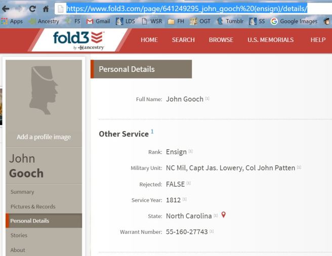 Bounty-Land Warrant Applications Index, Fold3.com, John Gooch entry.